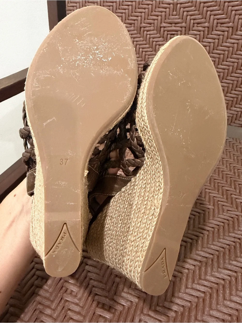 New Prada Brown Braided Espadrille Wedge Sandals